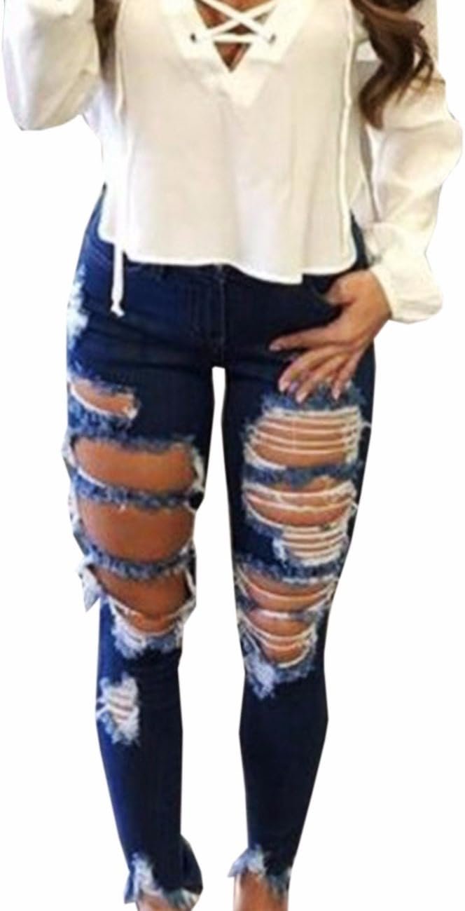 Sexyshine Women’s High Waisted Skinny Destroyed Ripped Hole Denim Pants Long Stretch Pencil Jeans
