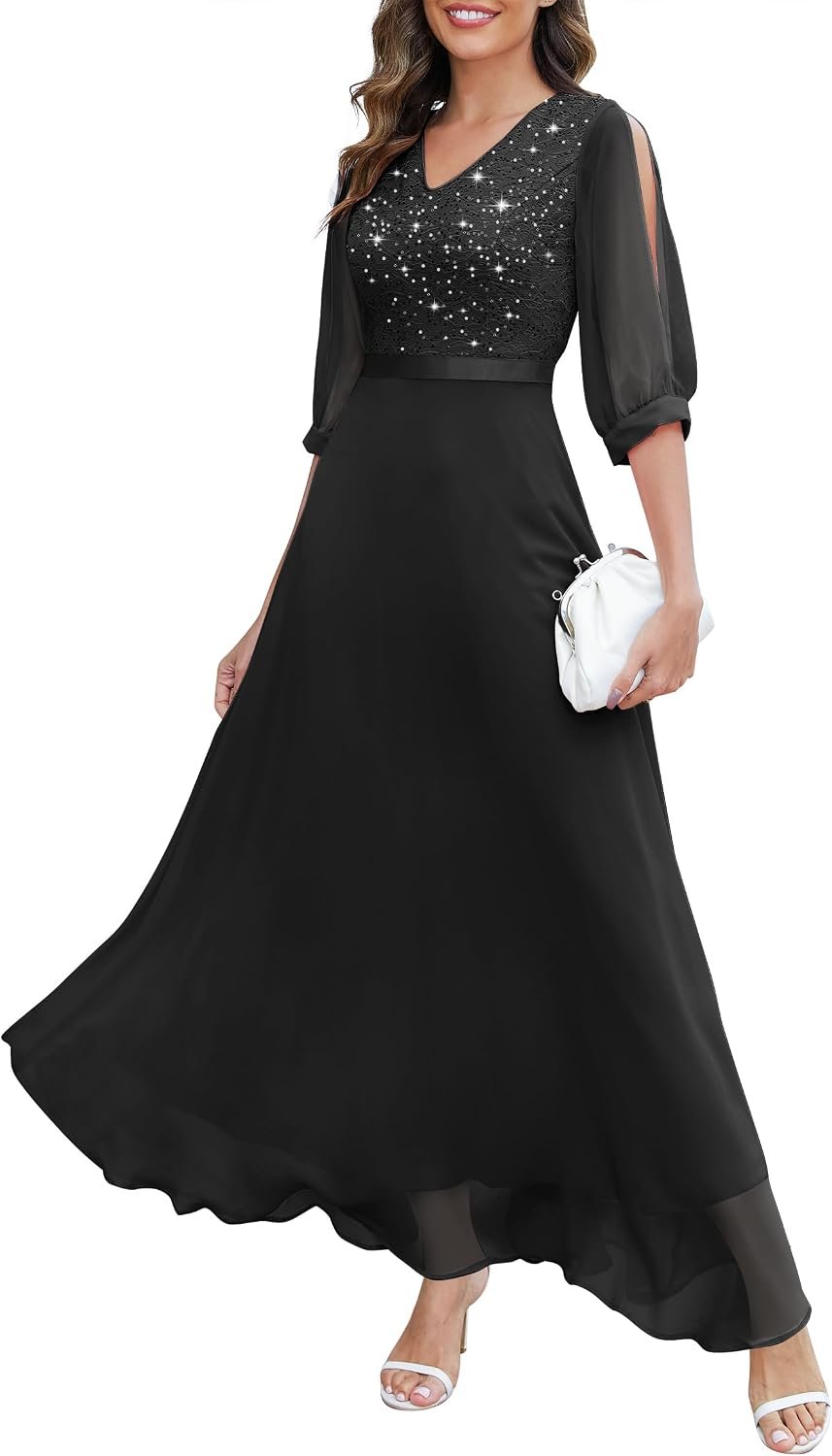 Wedtrend Women’s Sequin Dresses Sparkly Glitter Dress Split Sleeves Formal Dresses Maxi Evening Dress