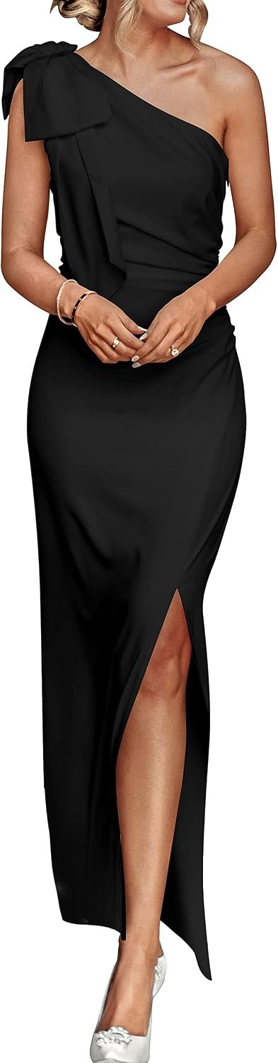 PRETTYGARDEN Women’s Summer One Shoulder Long Formal Dresses Sleeveless Ruched Bodycon Wedding Guest Slit Maxi Dress
