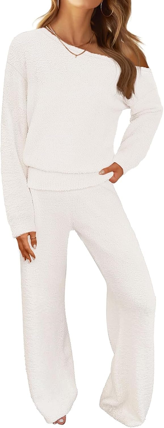 MEROKEETY Women’s Fall Pajama Set Fuzzy Fleece 2 Piece Loungewear Off Shoulder Sweater Tops Wide Leg Pants Matching Outfits