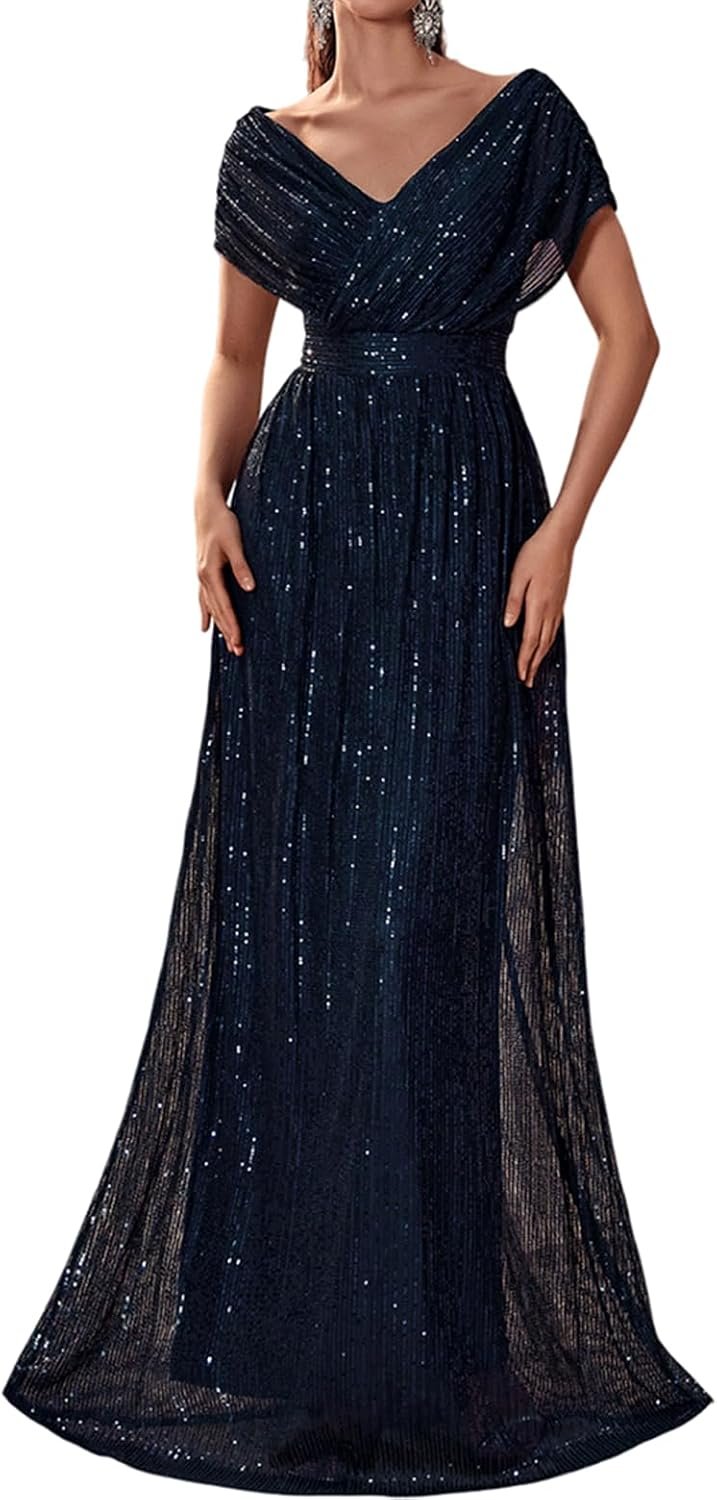 Women’s Sequin V-Neck Short Sleeve A-Line Evening Dress Elegant Evening Dresses Party Gowns