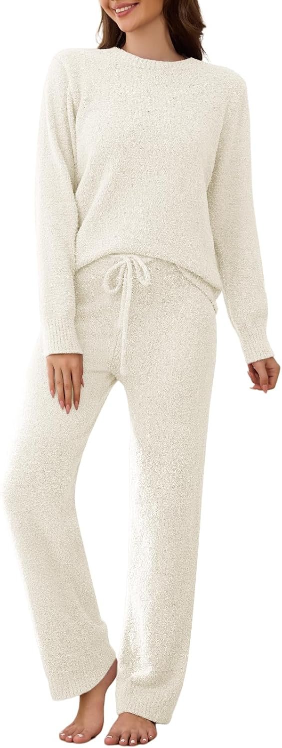 Womens Fuzzy Fleece Pajamas Set 2 Piece Cozy Pjs Lounge Set Warm Long Sleeve Knit Pullover Sweater Pants Loungewear