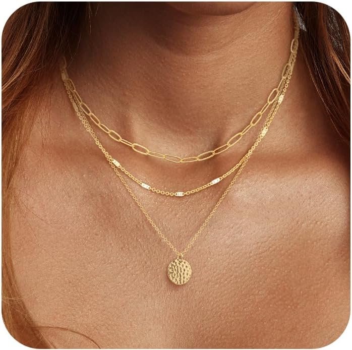 Gold Layered Necklaces for Women, 14K Gold Plated Dainty Necklace Set with Paperclip, Adjustable Trendy Gold Jewelry Stackable Gift
