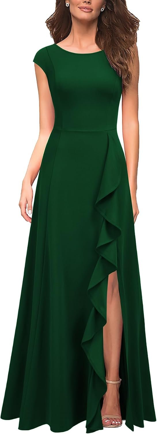 MUSHARE Women’s Cocktail Dresses with Pockets Ruffled Sexy Split Party Long Formal Dress
