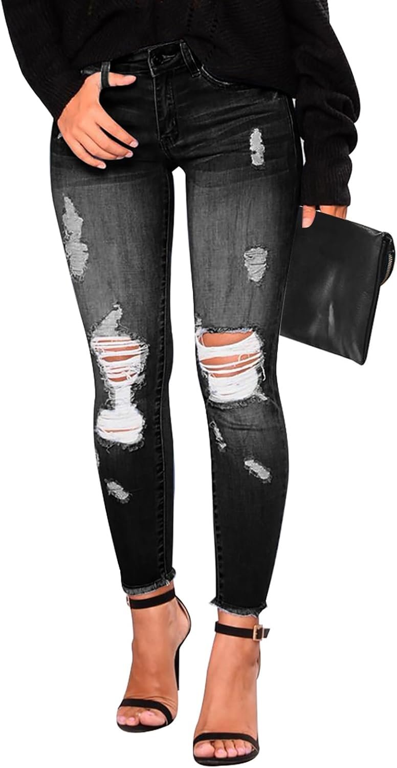 KUNMI Women’s Skinny Ripped Trendy Jeans Distressed Stretchy Denim Pants