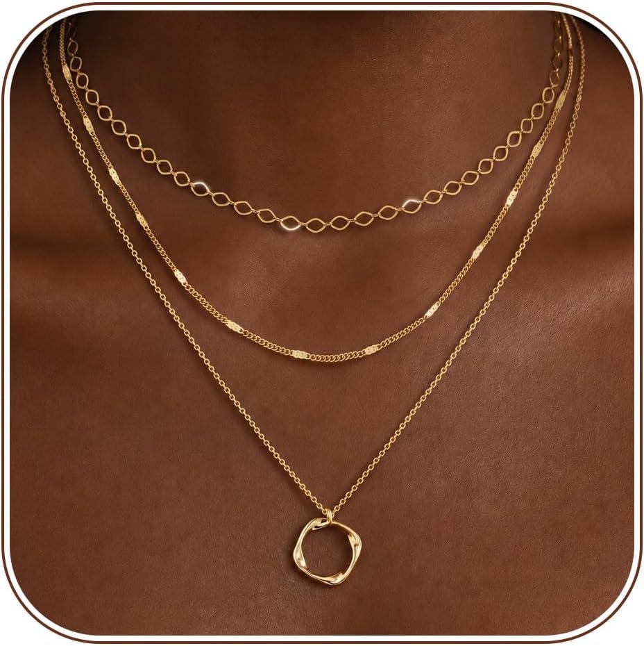 14K Gold Plated Layered Necklaces for Women Trendy, Stackable Dainty Gold Plated Chain Necklace Layering Beach Cute Fashion Pendant Choker Necklaces Jewelry Set Gifts for Women