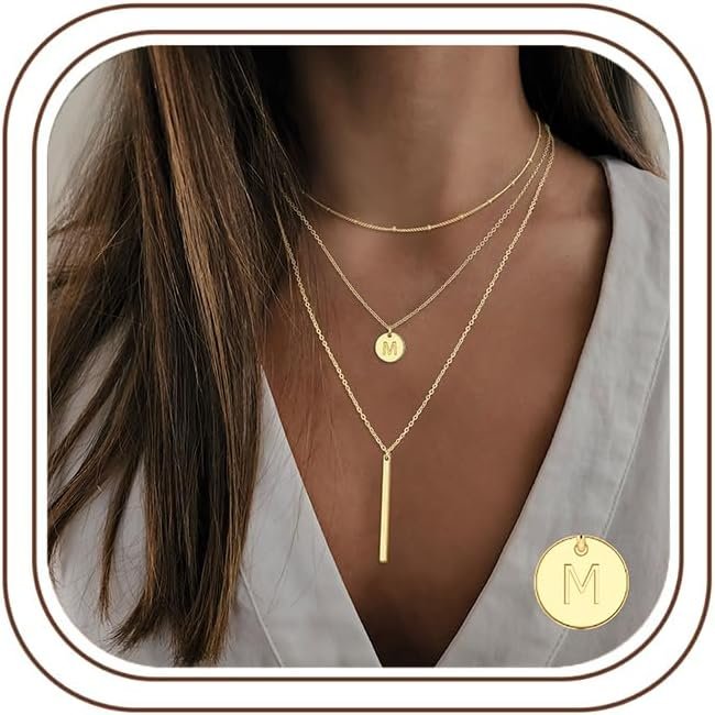 Initial Layered Necklaces for Women, 14K-Gold-Plated Coin Letter Necklace Bar Stacking Layer Necklace Multi Bar Layering Y-Necklaces Jewelry for Women