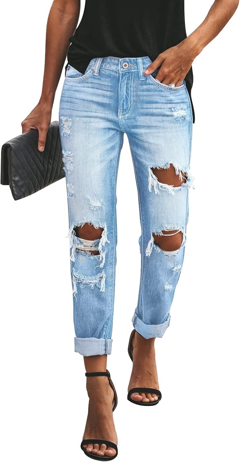 KUNMI Women’s Ripped Mid Waisted Boyfriend Jeans Loose Fit Distressed Stretchy Denim Pants
