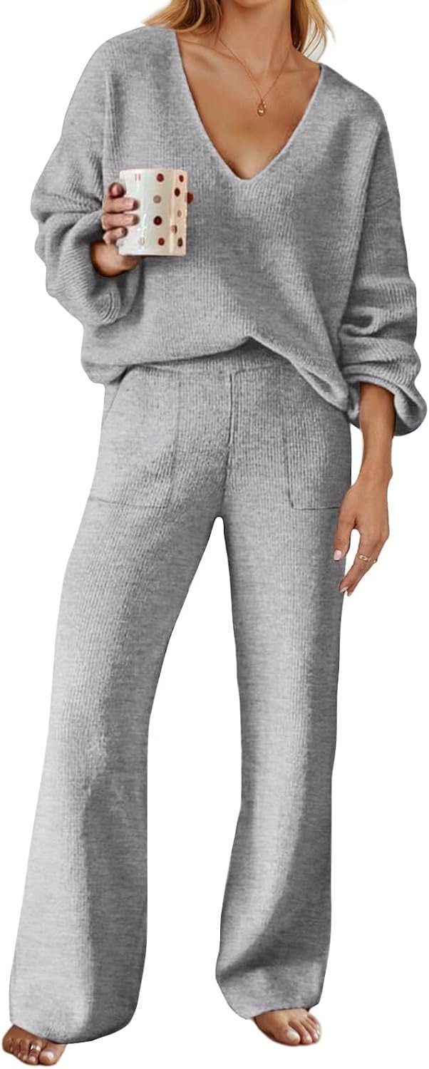 MEROKEETY Women’s 2 Piece Outfits Lounge Sets Fall Winter Long Sleeve Knit Sweater Wide Leg Pant Matching Set