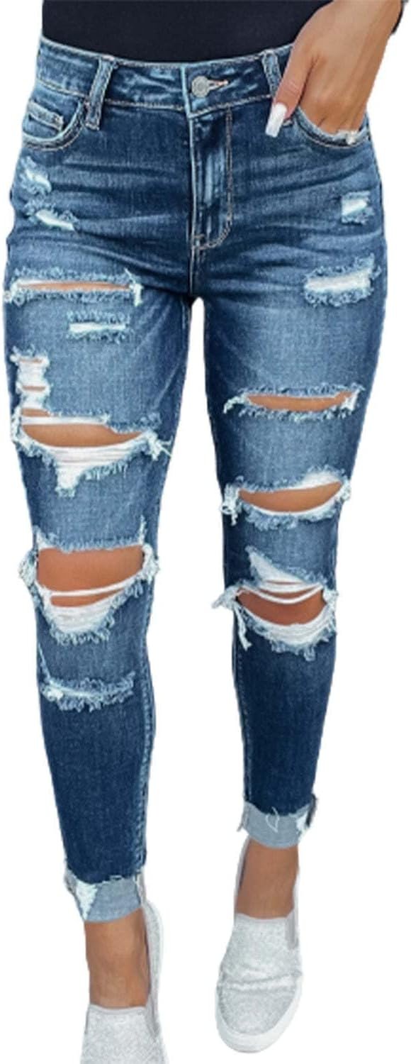 KUNMI Women’s Ripped Mid Waisted Boyfriend Jeans Loose Fit Distressed Stretchy Denim Pants