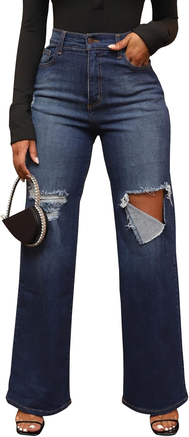 KnoInt Women’s Wide Leg Straight Jeans High Waisted Baggy Stretch Loose Denim Pants