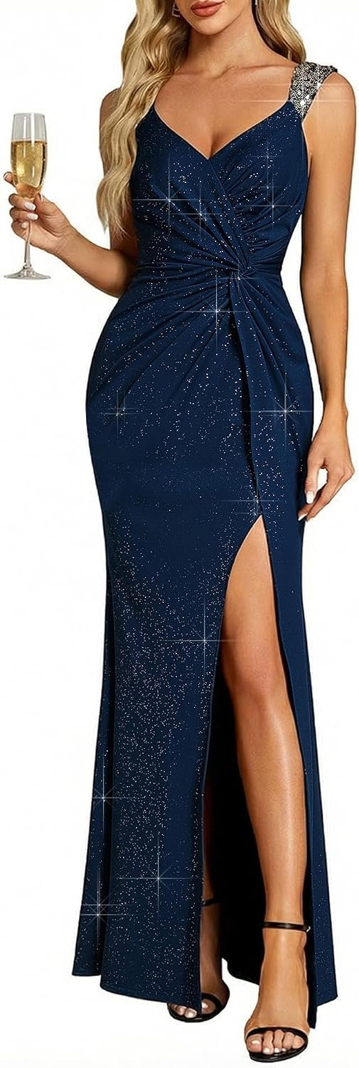 Ever-Pretty Women’s Glitter Sleeveless V-Neck Summer Formal Wedding Guest Dresses Sexy High Split Bodycon Evening Gown 01888