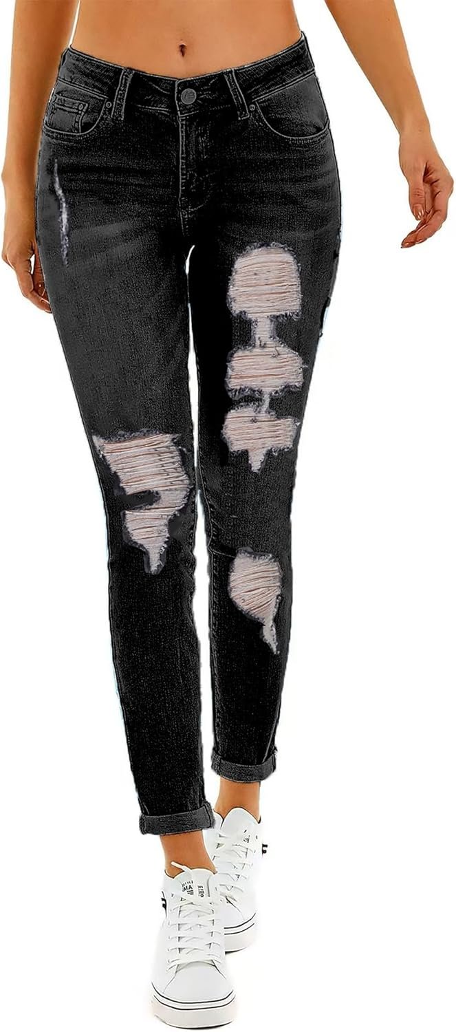 RHODANTHE Women’s Ripped Boyfriend Jeans Stretch Skinny Jean Trendy Distressed Straight Leg Jeans with Holes