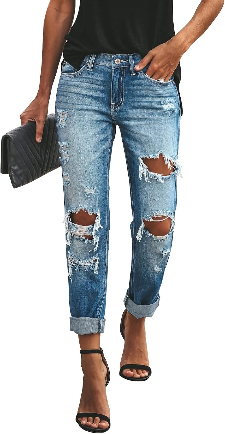 KUNMI Women’s Ripped Mid Waisted Boyfriend Jeans Loose Fit Distressed Stretchy Denim Pants
