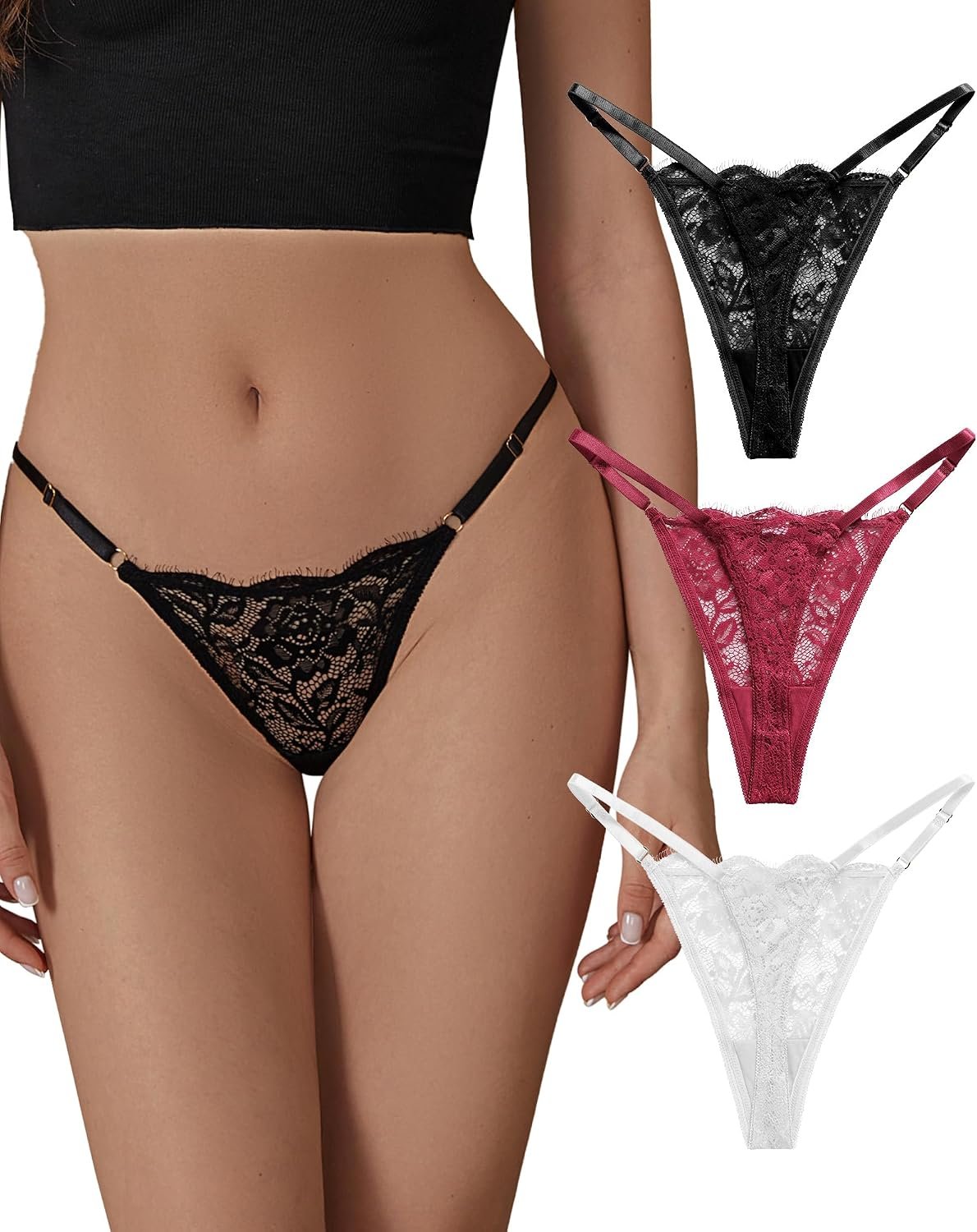SHARICCA Lace G-String Thongs for Women Adjustable Sexy Low Rise Underwear Breathable T-back Thongs Panties 3 Pack