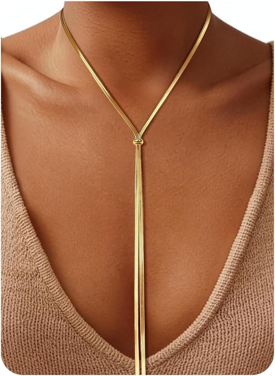 Chunky Long Y Necklace for Women, Waterproof Herringbone Drop Dangle Necklace, Adjustable Lightweight Trendy Fashion Slip Tie Necklace, Thin Layered Choker Chest Chain
