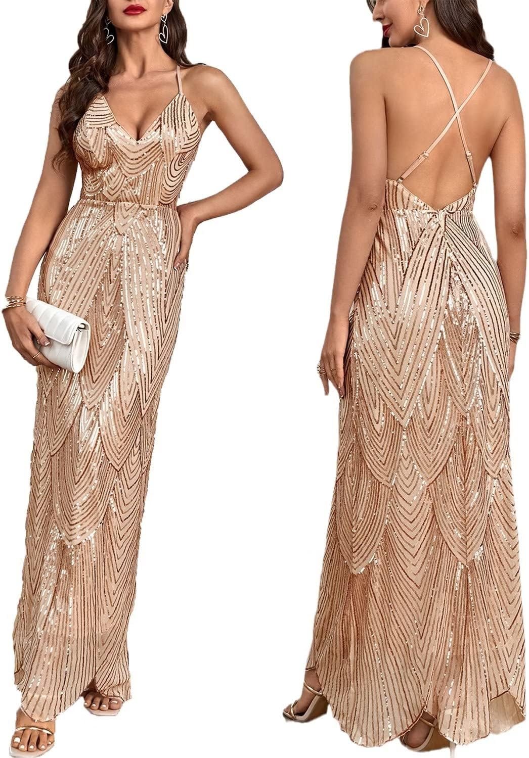 Women’s V Neck Spaghetti Straps Sequin Sparkly Glitter Irregular Hem Prom Dress Backless Maxi Evening Gowns