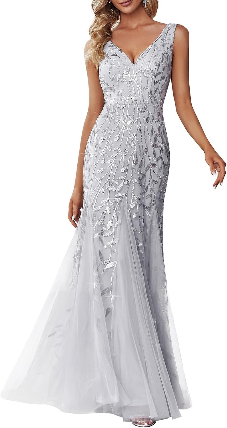Ever-Pretty Women’s Sequin Formal Dress Double V-Neck Sleeveless Mermaid Long Evening Prom Dresses 07886