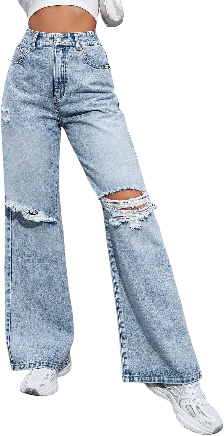Women’s High Waisted Ripped Wide Leg Denim Pants Casual Loose Fit Jeans Light Blue