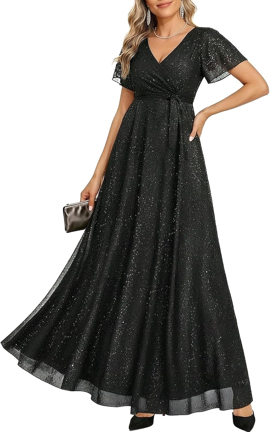Pinup Fashion Formal Gowns and Evening Dresses – Glitter Prom V Neck Flutter Sleeve A-line Long Dress with Belt