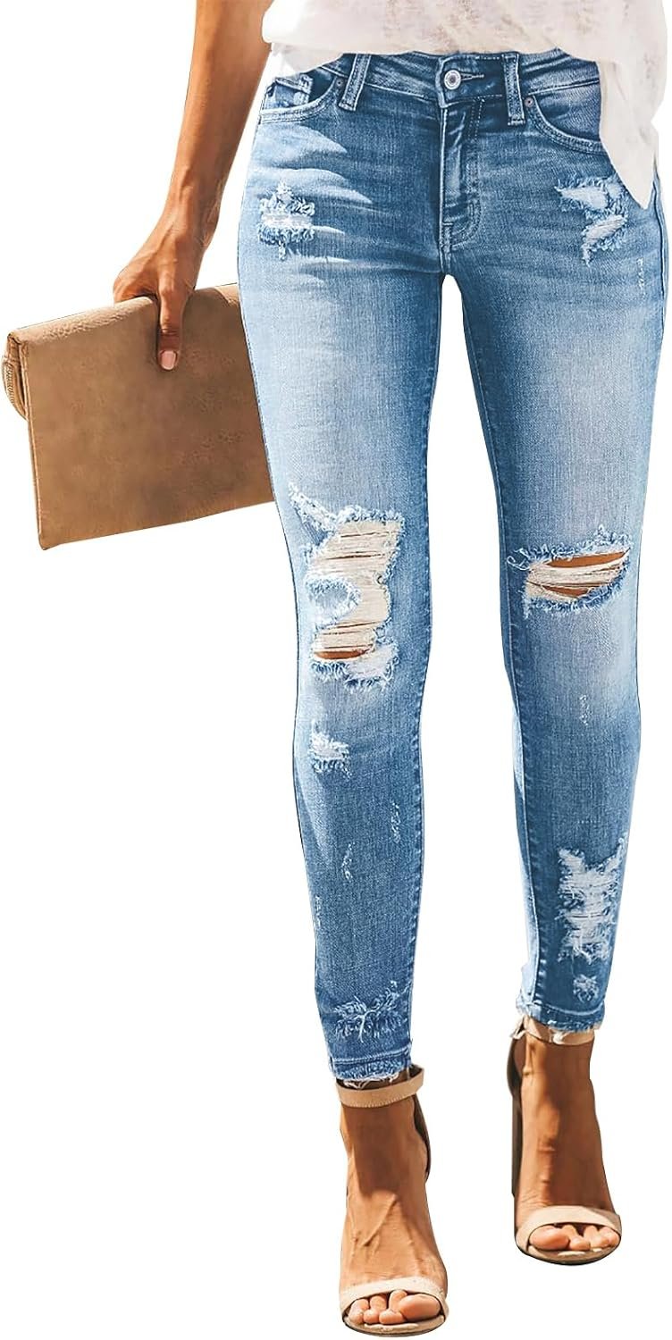 KUNMI Women’s Skinny Ripped Trendy Jeans Distressed Stretchy Denim Pants