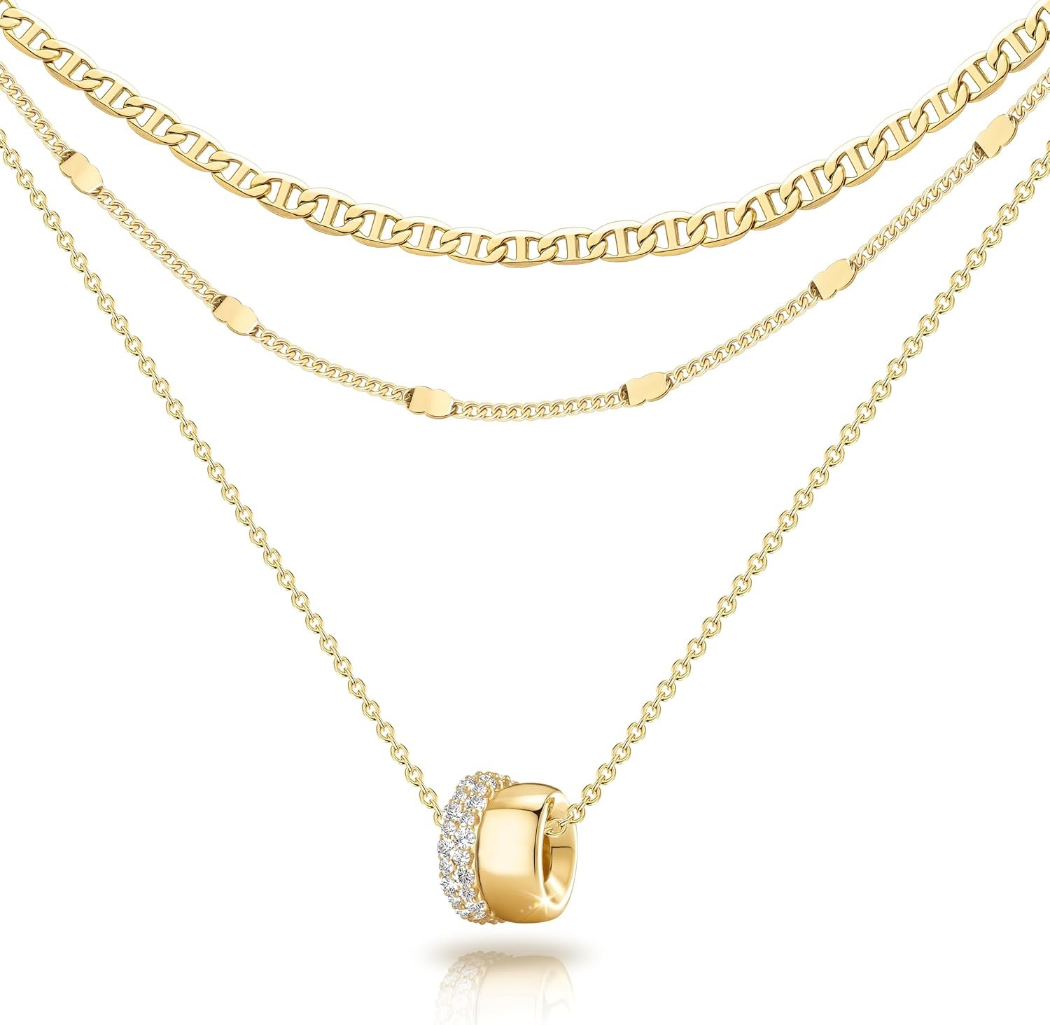 OGD Layered CZ Rondelle Pendant Necklaces for Women, 14K Gold Plated Trendy Mariner Chain Dainty Circle Rondelle Pendant Choker Necklace for Women Two-Toned Cubic Zirconia Gold Necklace