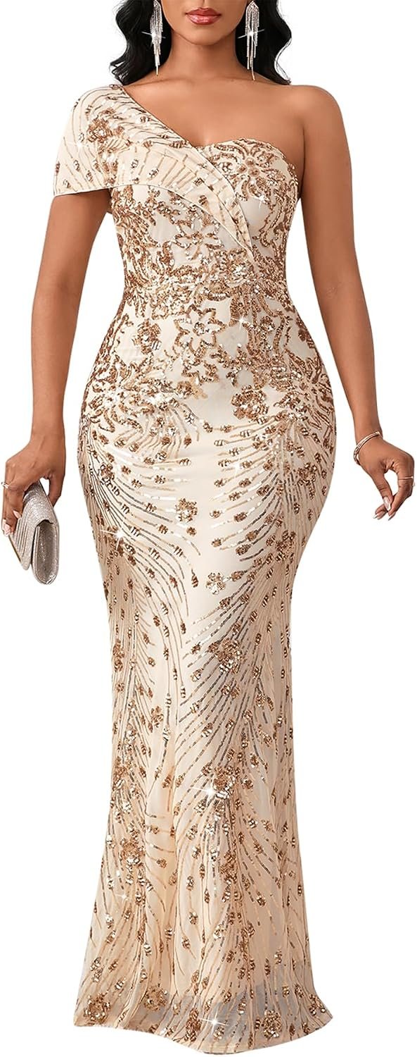 Cololura Women Sexy Sequin One Shoulder Mermaid Formal Party Cocktail Gowns Bodycon Evening Maxi Dress