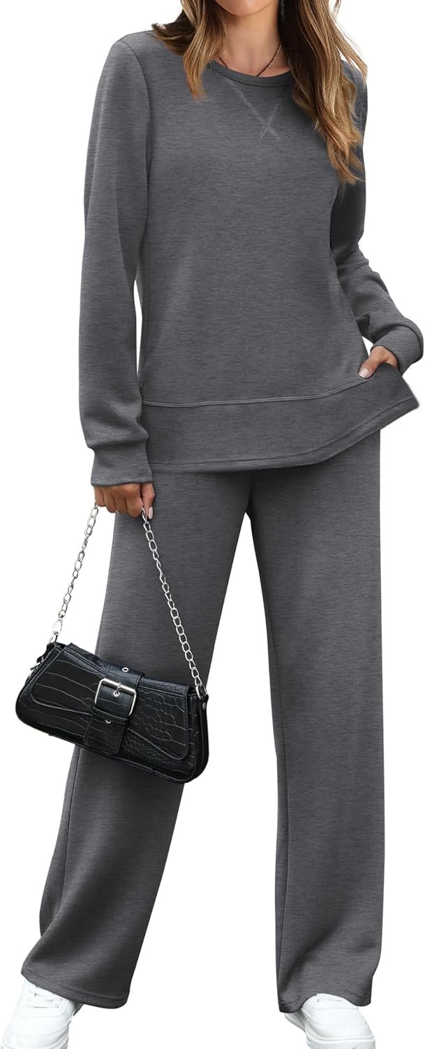 OFEEFAN Women’s 2 Piece Lounge Set Travel Airport Outfits Side Slit Tracksuit Wide Leg Loungewear Baggy Comfy Sweatsuit S-3XL