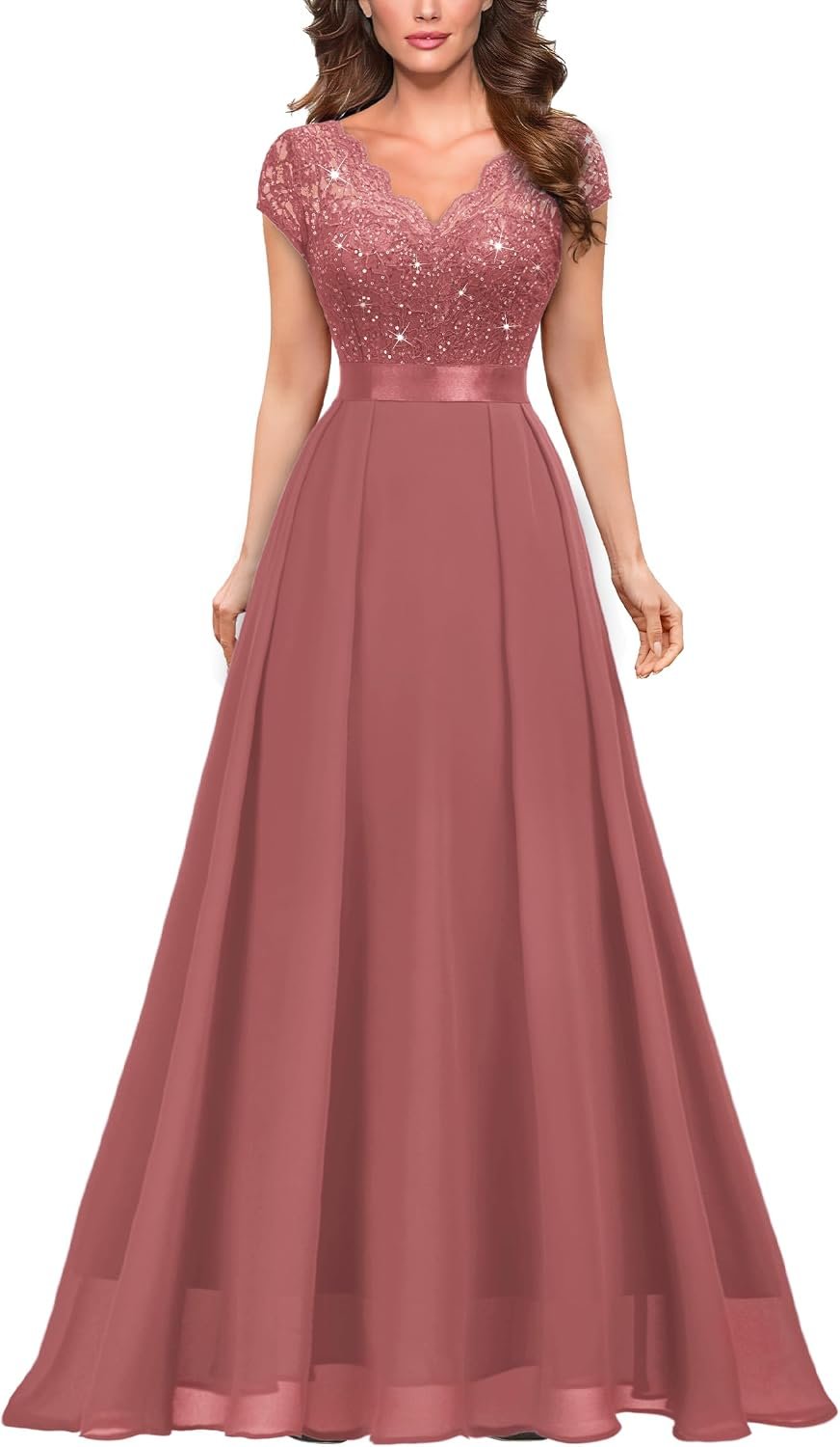 Miusol Women’s Elegant V-Neck Cap Sleeve Sequined Floral Lace Formal Party Maxi Dress