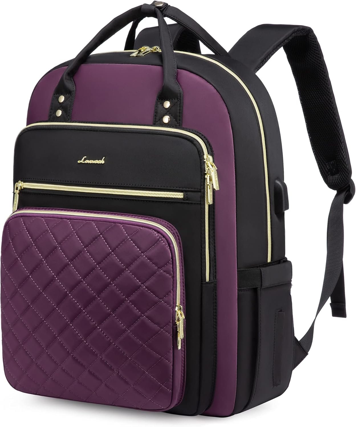 LOVEVOOK Laptop Backpack Purse for Women, 15.6″ Laptop Bag for Travel with USB Port, Water Resistant Lightweight Daypacks for College Work Business, Nurse Teacher Computer Bags, Purple Black