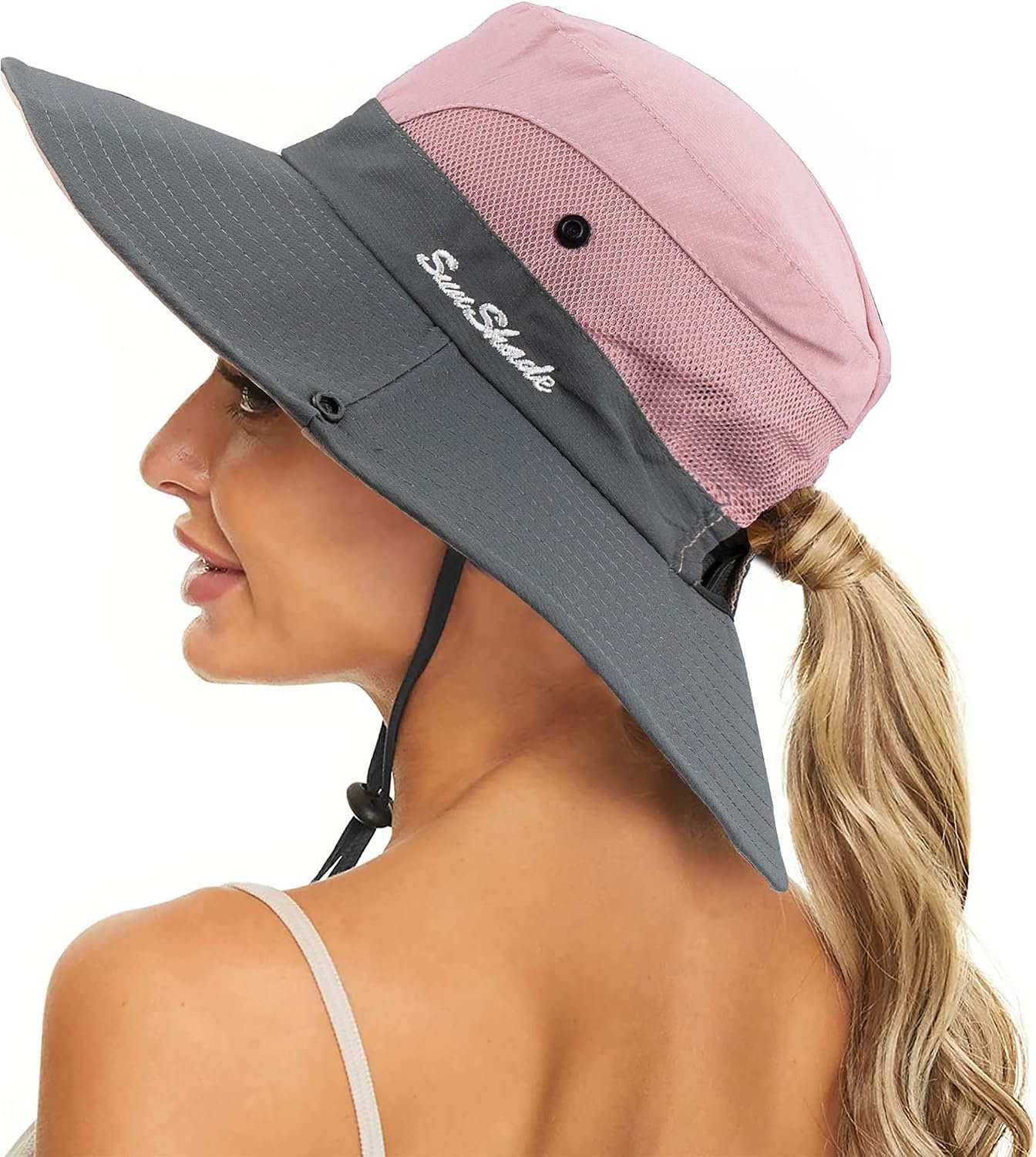 Women’s Summer Sun-Hat Ponytail – Outdoor UV-Protection Mesh Wide Brim Foldable Hat with Ponytail Hole