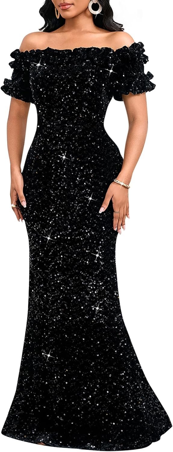 dasmzper Women Sexy Sequin Off Shoulder Ruffle Short Sleeve Bodycon Mermaid Party Formal Evening Maxi Dress