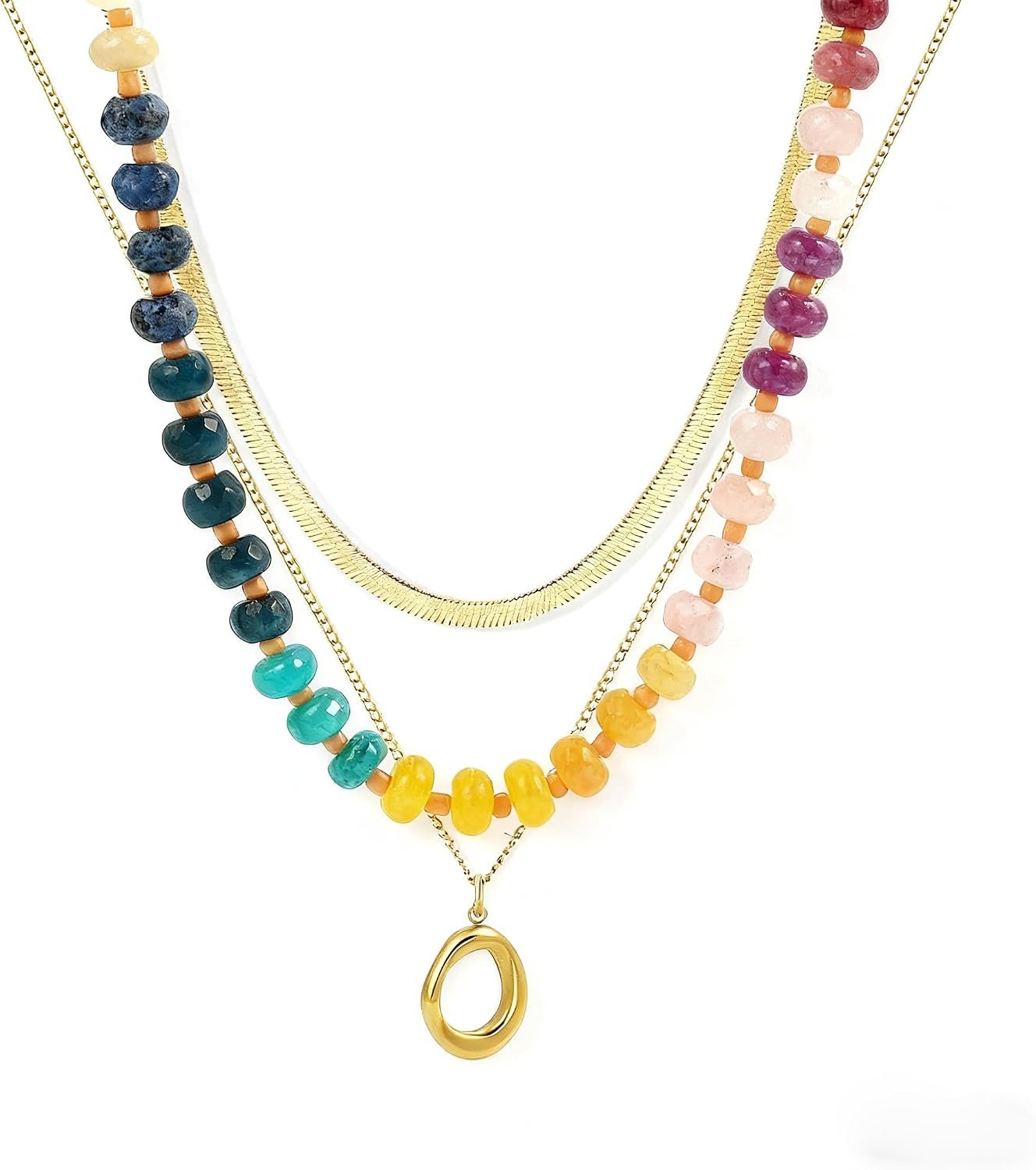 Gmai Layered Beaded Necklace for Women Colorful Trendy Snake Chain Circle Pendant Choker Gold Chain Adjustable Length Bohemian Rainbow Stackable Necklaces Jewelry Gift