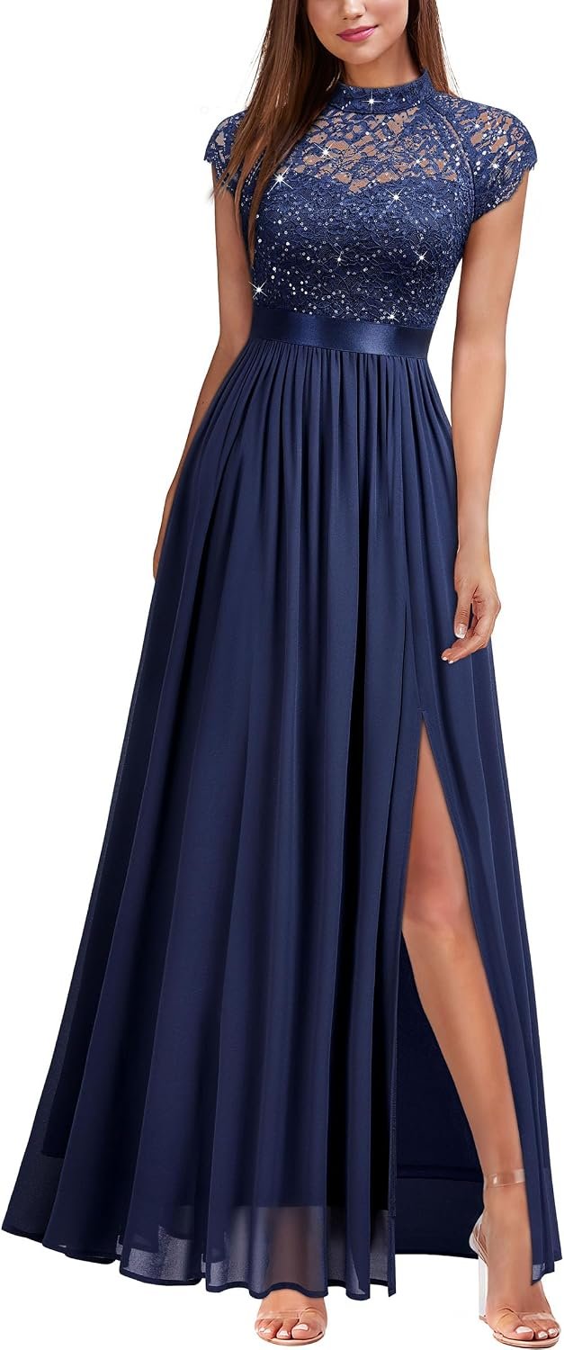 Miusol Women’s Elegant Sequin Lace Contrast Chiffon Split Style Evening Party Maxi Dress