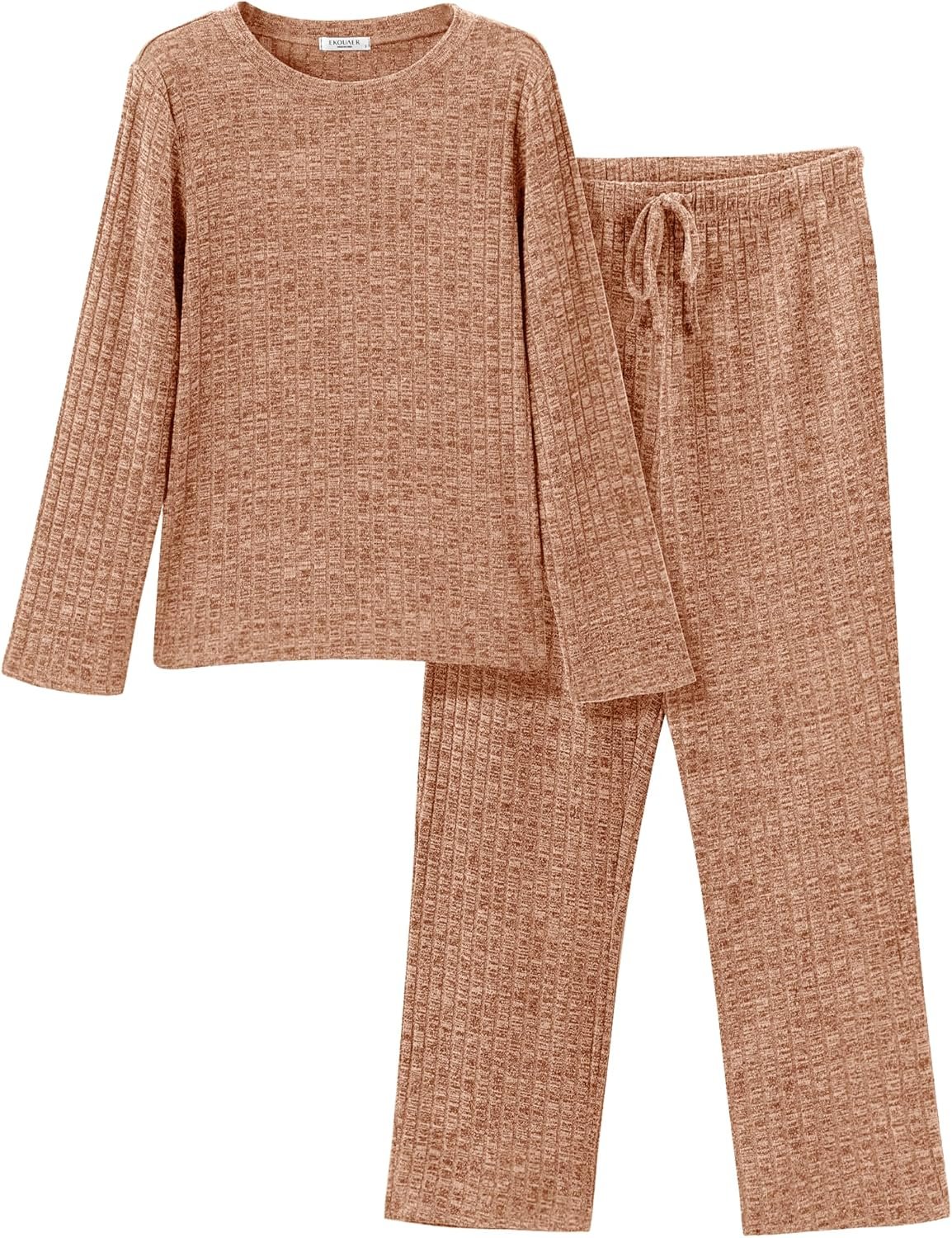 Ekouaer Womens Ribbed Knit Lounge Set Long Sleeve Top and Long Pants Sleepwear Pajama Set Two Piece Matching Set with Pockets