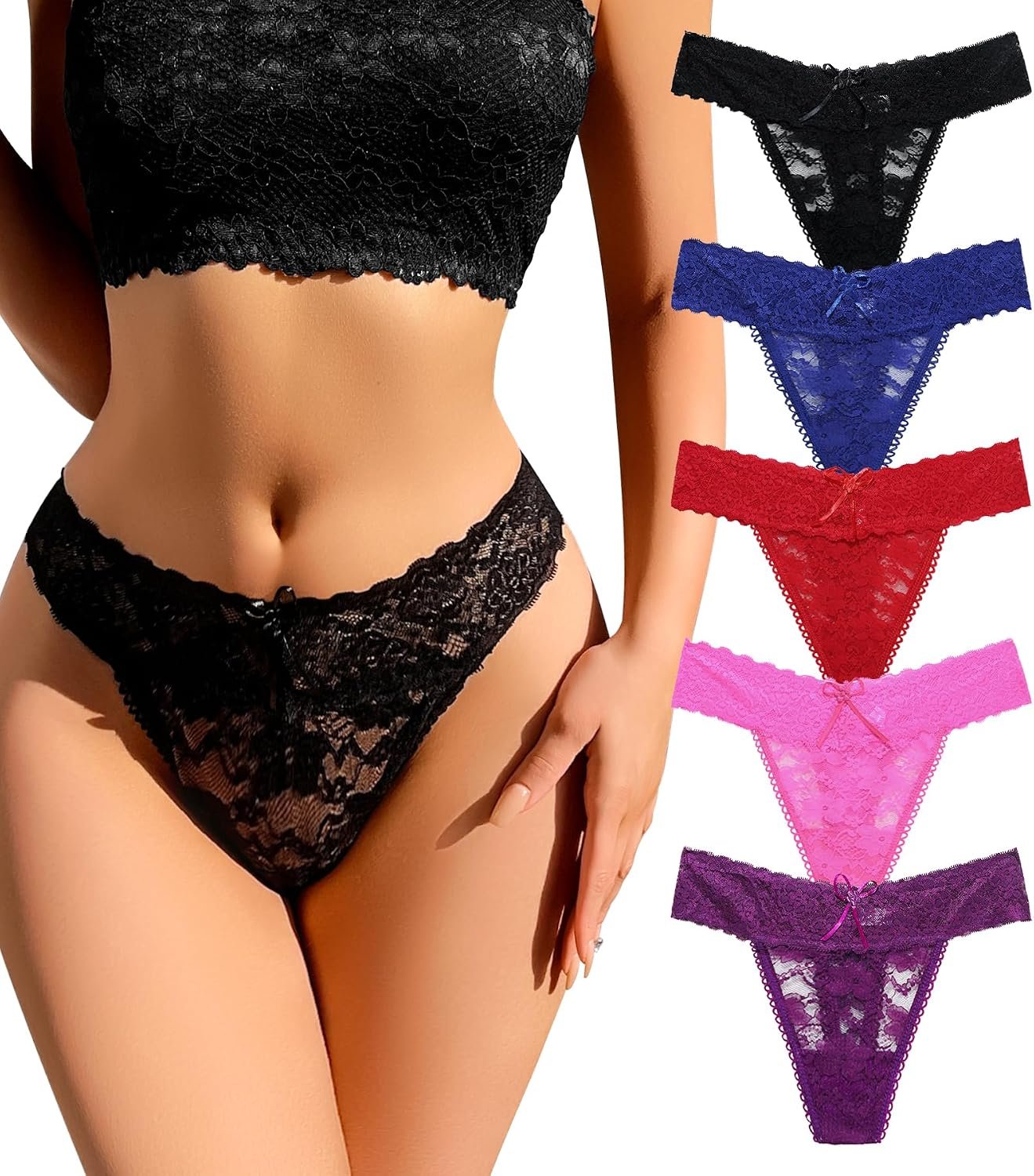 Sexy Thongs for Women Flora Lace Underwear T-Back See Through Soft Stretch Low Waisted Ladies No Show Panties 5Pack