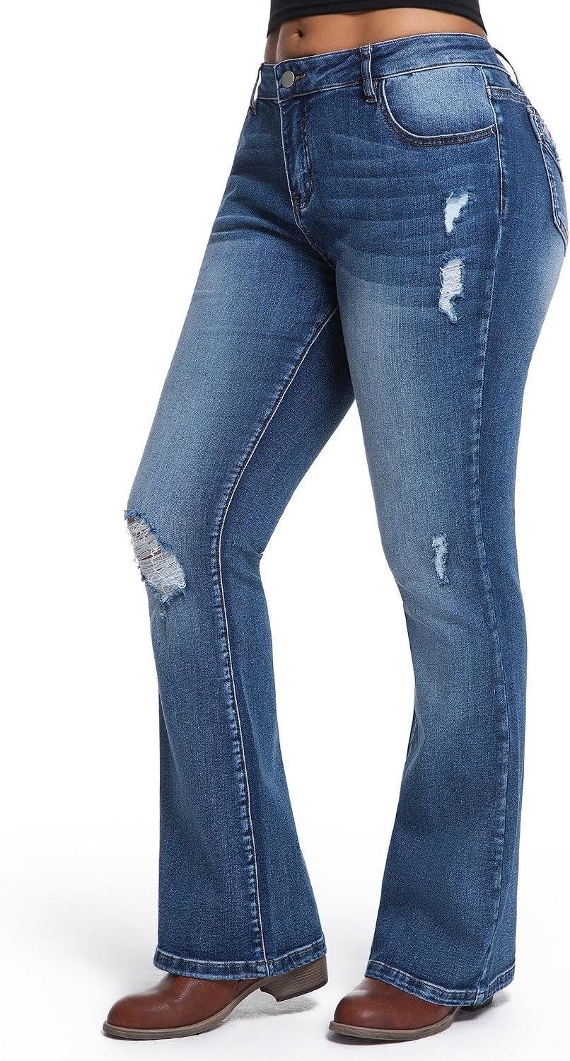 Women’s Mid Rise Bootcut Jeans, Stretch Denim Pants, Ripped Distressed Jeans for Women Casual Daily Wear