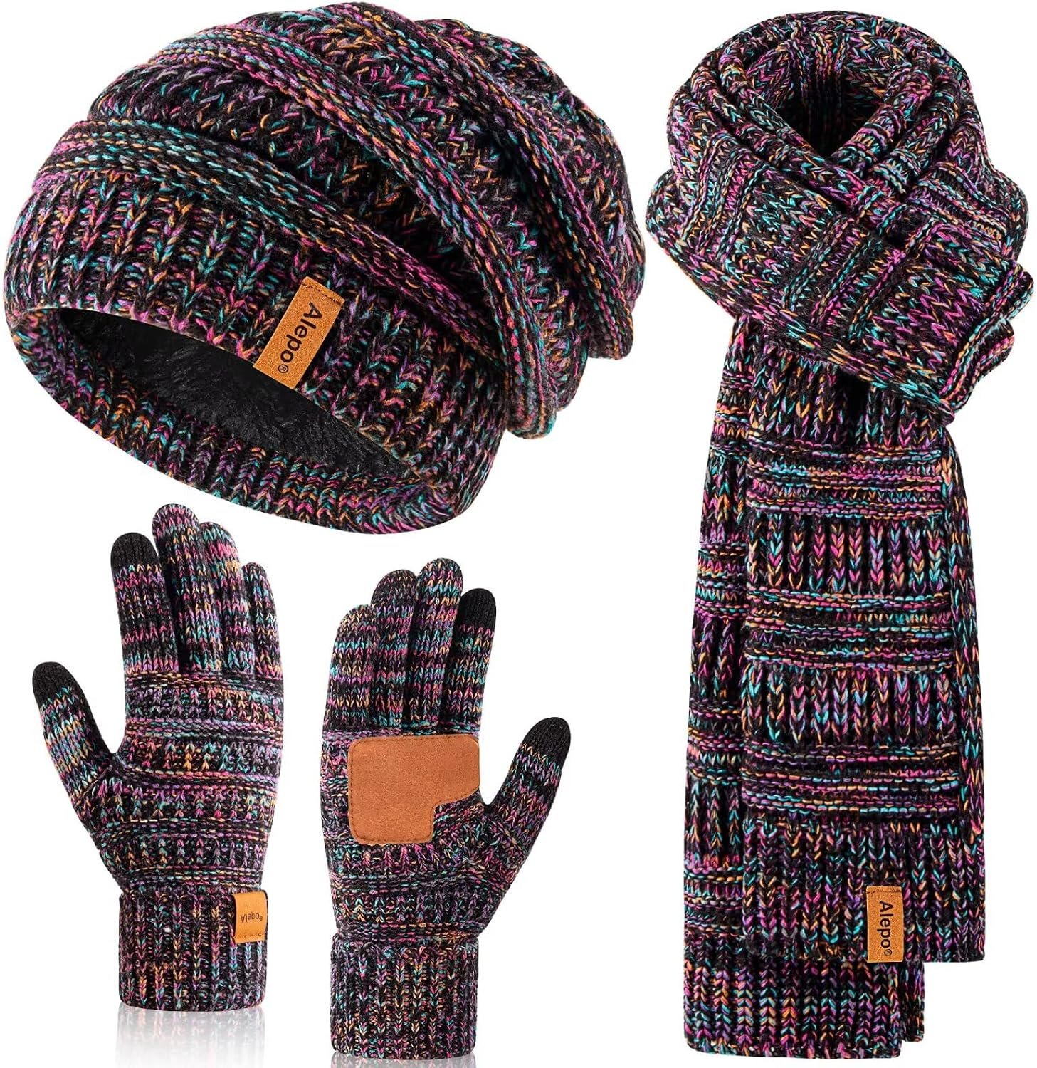 Winter Beanie Hat Scarf Gloves Set for Women, Slouchy Beanie Long Scarf Touchscreen Gloves, Warm 3 in 1 Set