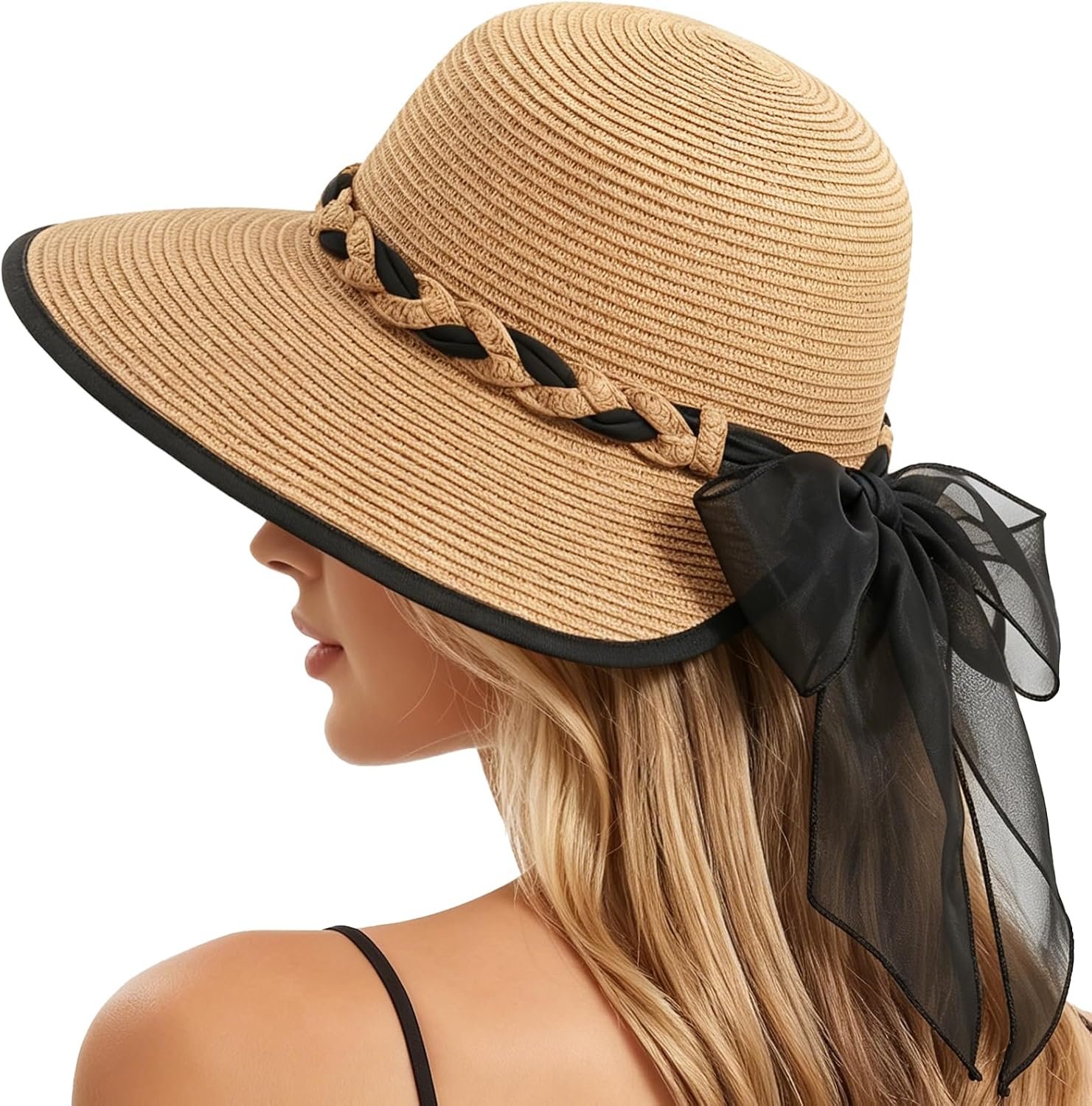 Beach Sun Straw Hats for Women, UPF 50+ UV Sun Protection Wide Brim Summer Straw Hat Foldable Packable Roll up Cap