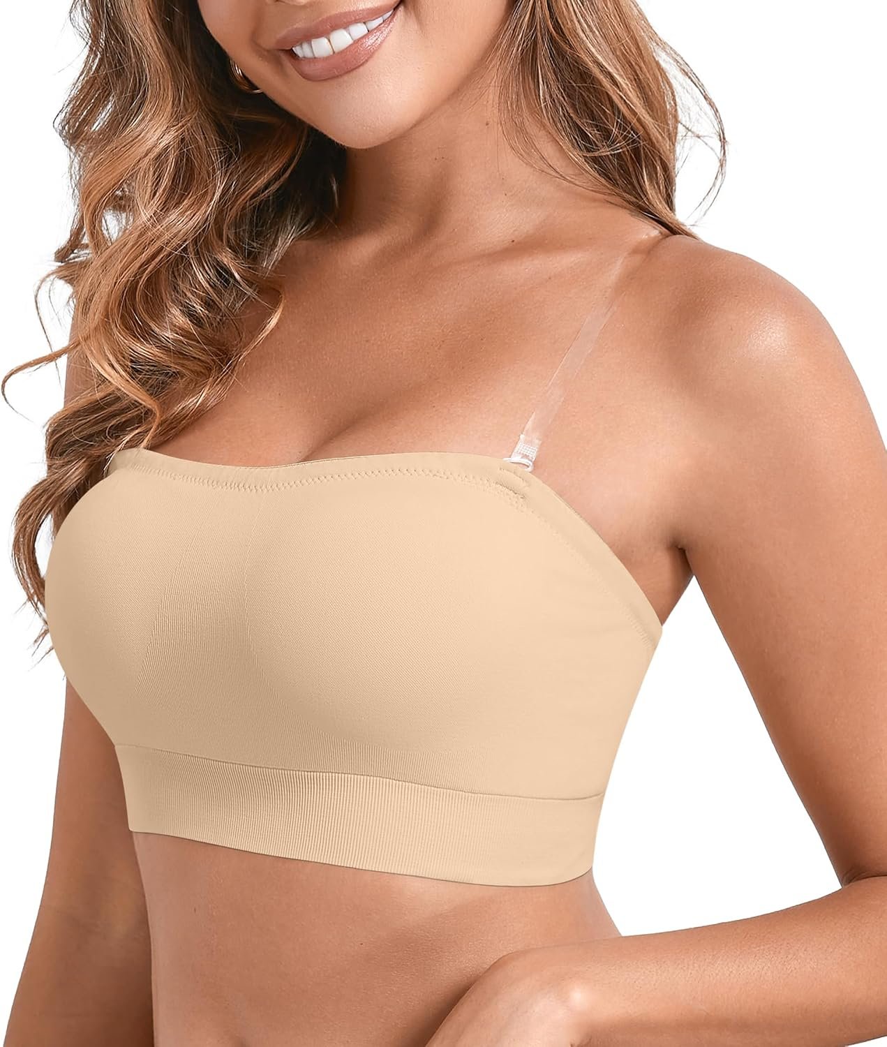 DEANGELMON Strapless Bras for Women Wireless Push Up Non-Slip Bandeau Bra Seamless Clear Straps TubeTop Padded Bralette