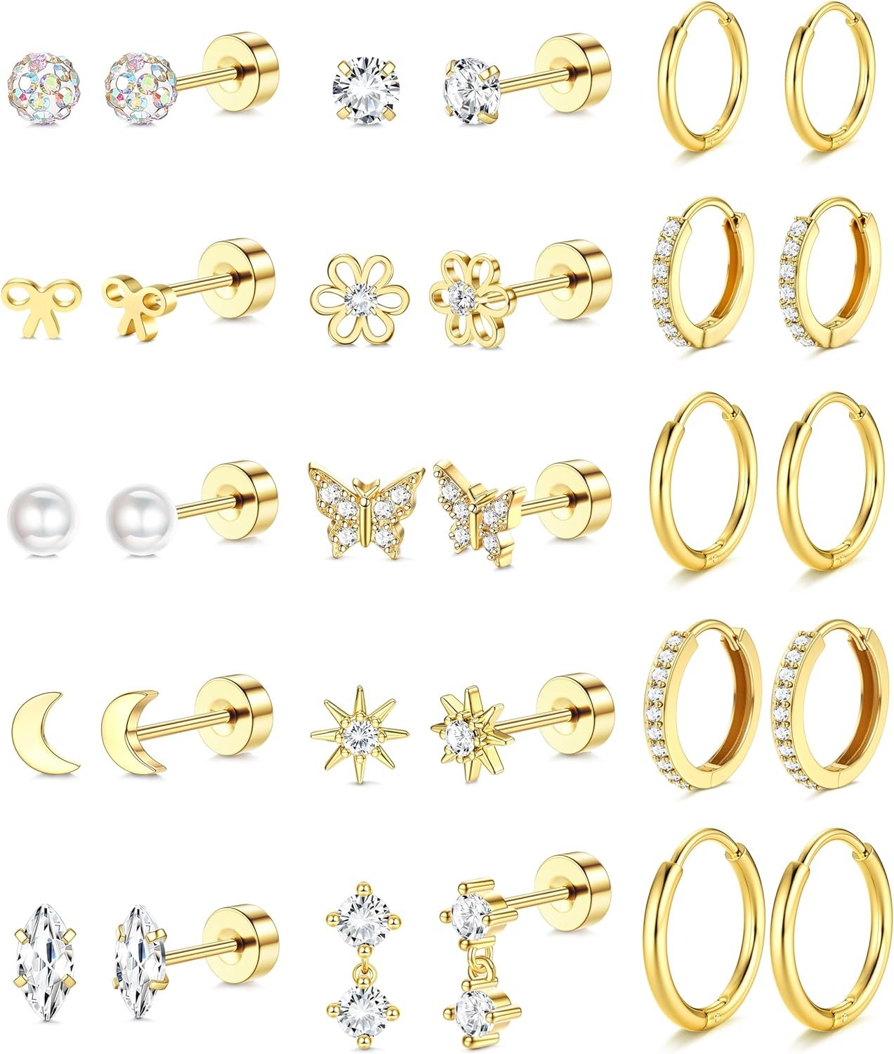 LOLIAS 14K Gold Plated Flat Back Earrings – Hypoallergenic Surgical Stainless Steel Stud Hoop Earrings for Women Girls Cute Stud Earring Set Small Huggie Hoops Cartilage Earring Stacks