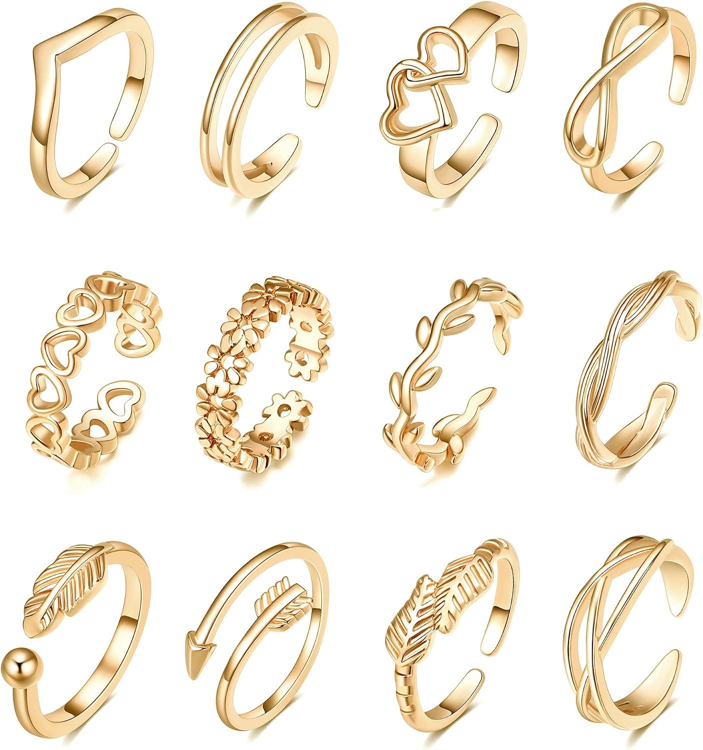TOBENY 12PCS 14K Gold Plated Adjustable Toe Rings for Women Flower Arrow Band Open Tail Ring Women Beach Foot Jewelry Set