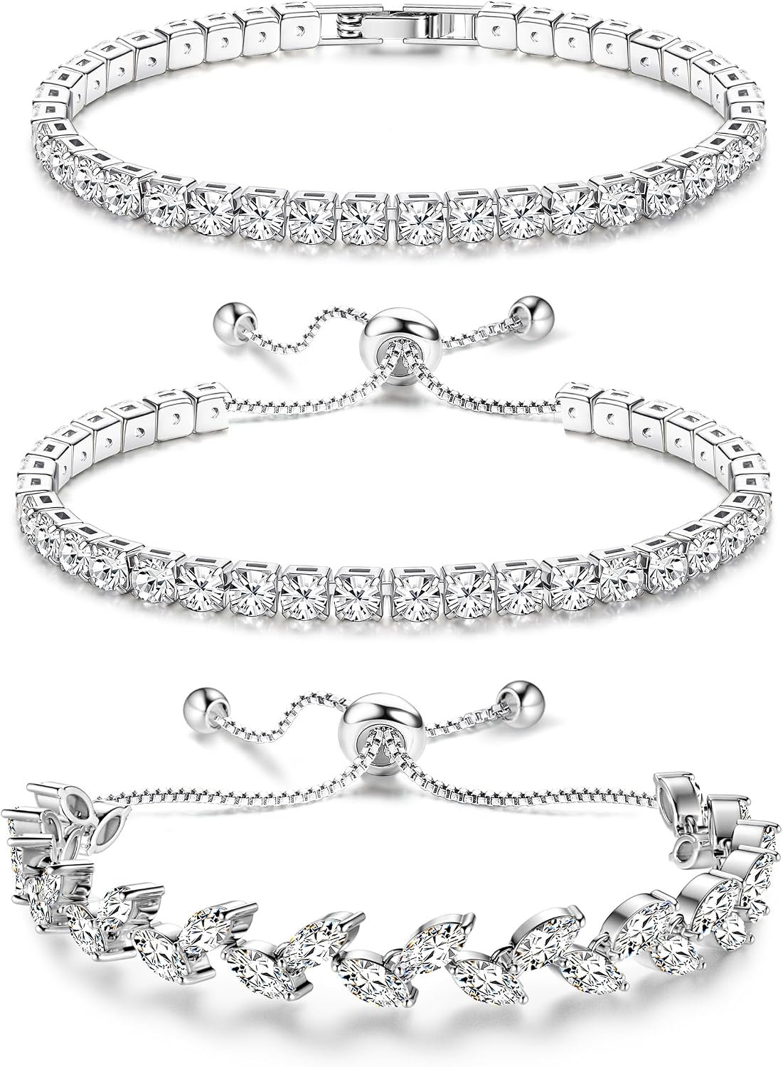 YADOCA Tennis Bracelets For Women – Silver Plated Bracelet Stack Cubic Zirconia CZ Diamond Adjustable Stackable Bracelets Set For Prom Wedding Jewelry Gift 3Pcs
