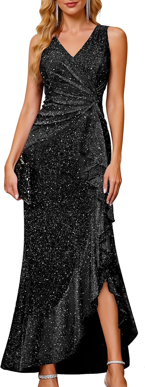 BeryLove Sequin Formal Wedding Guest Prom Cocktail Party Long Ruffle Dresses Sparkly Evening Mother of The Bride Dress
