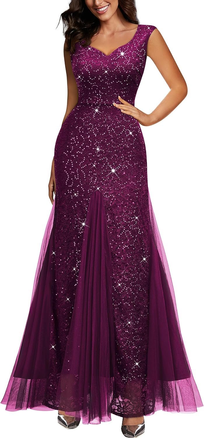 Miusol Women’s Elegant V Neck Sleeveless Sequin Lace Evening Party Dress